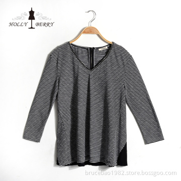 V-neck Fashion Breathable Black White Striped Autumn Womens Shirts